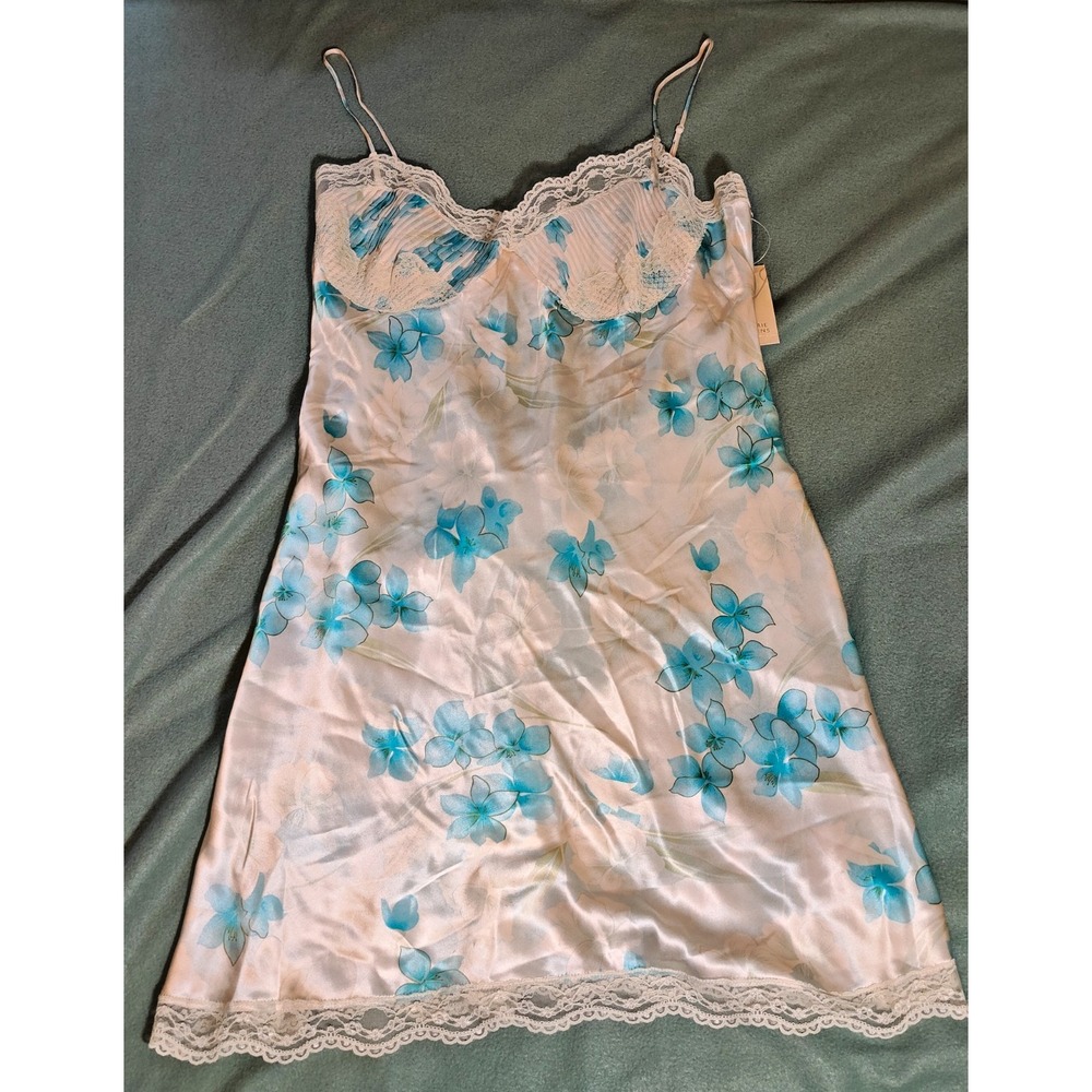 Valerie Stevens Floral Satin Chemise Slip Ivory Blue Size XL New With Tags